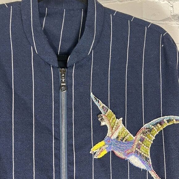 Jacket sequin bird embellished pinstripe navy blue size medium - Picture 4 of 10